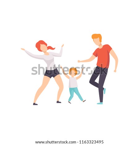 Mom, dad and son dancing, boy having fun with his parents vector Illustration on a white background