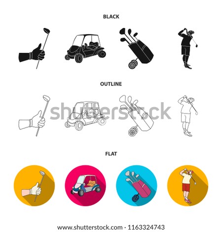 A gloved hand with a stick, a golf cart, a trolley bag with sticks in a bag, a man hammering with a stick. Golf Club set collection icons in cartoon style vector symbol stock illustration web.