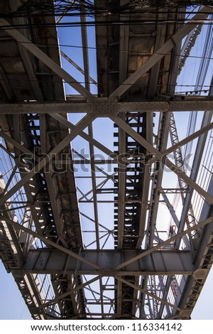 The beauty of the industrialization technology of the steel bridge structure in the blue clear sky day landscape.
