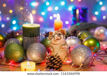 New Year card. Happy New Year and Marry Christmas. Pig is symbol of  Year 2019 Royalty-Free Stock Photo #1163366998