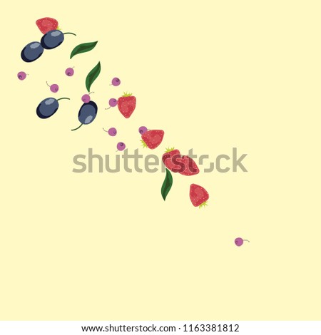 Berry background with blueberries, strawberries and plums on a light background.