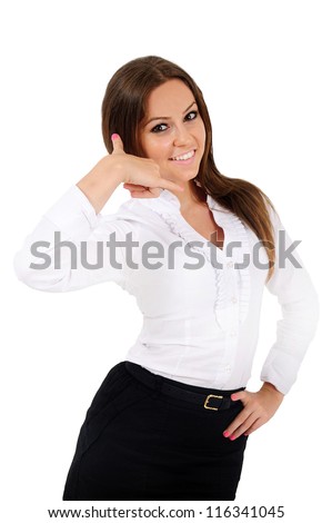 Isolated young business woman call gesture