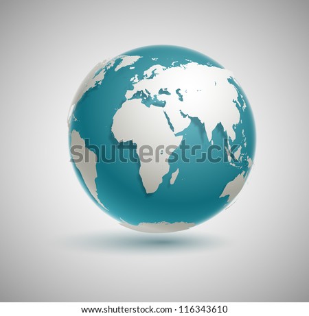 Globe icon with smooth vector shadows and white map of the continents of the world