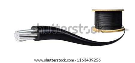 Electrical power cable on white background. Copper wire is the electric conductor of urban society. Royalty-Free Stock Photo #1163439256