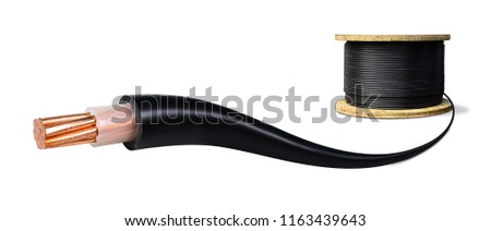 Electrical power cable on white background. Copper wire is the electric conductor of urban society. Royalty-Free Stock Photo #1163439643
