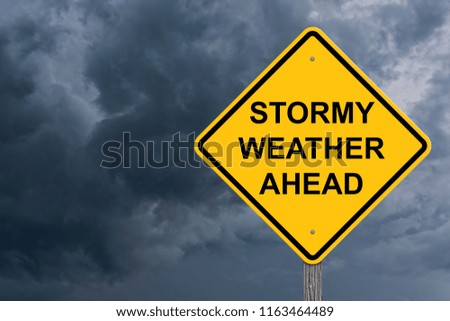 Stormy Weather Ahead Caution Sign With Storm Cloud Background