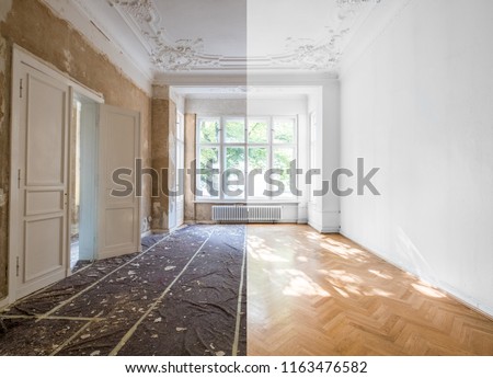 home renovation concept - apartment room before and after restoration or refurbishment - Royalty-Free Stock Photo #1163476582
