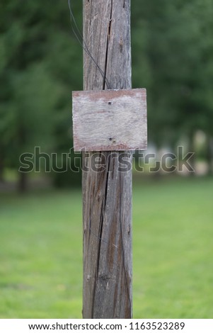Wooden sign on the pole. Trees and green grass on the background