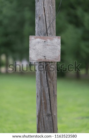 Wooden sign on the pole. Trees and green grass on the background