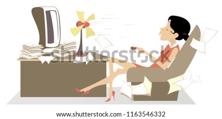 Heat in the office, woman, table fan and a cup of coffee or tea illustration
Woman in the office sits in the armchair in front of the tabletop fan, takes a delight from the fresh air and coffee or tea