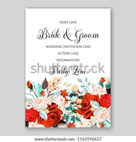 Scarlet red Rose wedding invitation vector floral background peony ranunculus greenery bridal shower invitation