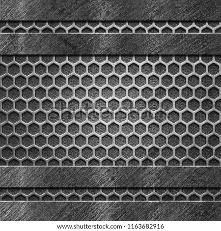 Four Abstract Metal Grunge Panels on Hexagonal Cells Backdrop as Dark Techno Industrial Background
