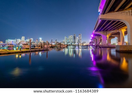 The Miami Skyline at Night from under the MacArthur Causeway
