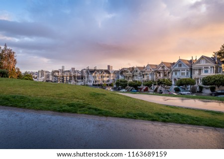 Sunrise over the Painted Ladies and Alamo Square Park in San Francisco, California