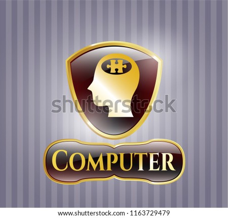  Gold shiny badge with head with jigsaw puzzle piece icon and Computer text inside