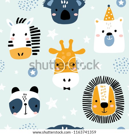 Seamless childish pattern with funny animals faces . Creative scandinavian kids texture for fabric, wrapping, textile, wallpaper, apparel. Vector illustration