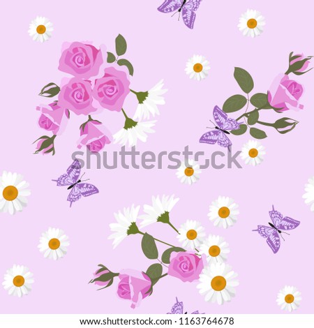 Seamless festive vector illustration with roses, daisies and butterflies. For decoration of textiles, packaging and web design.