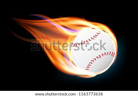 Flying and burning baseball ball on black background - vector illustration