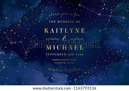 Magic night dark blue sky with sparkling stars vector wedding invitation. Andromeda galaxy. Gold glitter powder splash background. Golden scattered dust. Midnight milky way. Fairytale magic card.