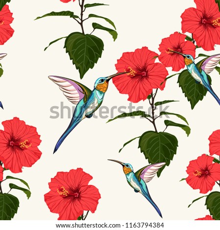 Beautiful seamless vector floral summer pattern background with hummingbird and red hibiscus flowers. Perfect for wallpapers, web page backgrounds, surface textures, textile. Light background.