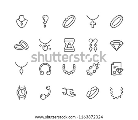 Simple Set of Jewelry Related Vector Line Icons. Contains such Icons as Earrings, Body Cross, Engagement Ring and more. Editable Stroke. 48x48 Pixel Perfect. Royalty-Free Stock Photo #1163872024