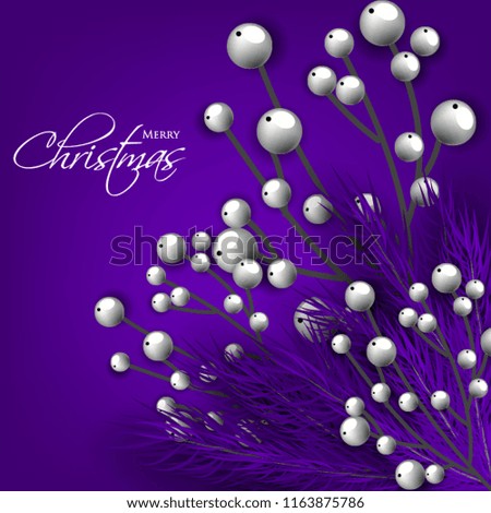 Christmas party invitation card purple ultraviolet background with violet fir pine branches and winter white berries