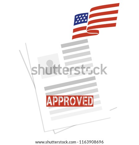 Successful the USA document approved. Contract or white document with text, photo and American red blue flag. Concept of government programs, application agreements or documents with photo