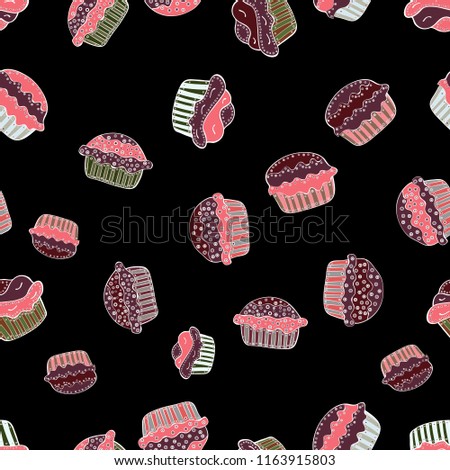 Cute birthday pattern on black, brown and pink. Vector. Seamless cupcake, fairy cake. For food poster design.