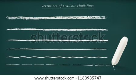 Vector set of horizontal chalk lines with a different thickness. 3d realistic piece of chalk. Detailed borders with a rough grungy texture. Green chalkboard.  Straight, wavy, dashed underline strokes. Royalty-Free Stock Photo #1163935747