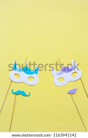 accessories made of paper, hats, glasses, masks, crowns, lips and mustaches