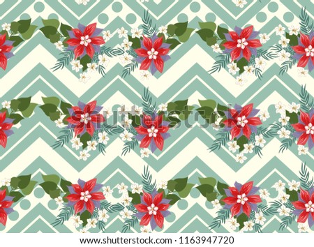 Seamless ardent pattern in sweet flowers. Composite overlay. Floral arrangements on shevron background. For textile, wallpaper, covers, surface, print, gift wrap, scrapbooking, decoupage.