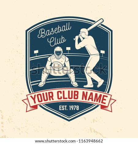 Baseball or softball club badge. Vector illustration. Concept for shirt or logo, print, stamp or tee. Vintage typography design with baseball batter and ball for baseball silhouette.