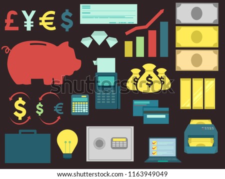 Illustration of Different Banking Elements with Money Symbols, Checks, Graph, Calculator, Piggy Bank and Cards