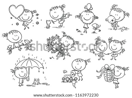 A funny little girl set with toys, flowers, animals, friends in cute situations