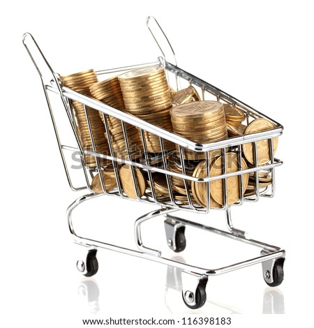 shopping trolley with Ukrainian coins, isolated on white