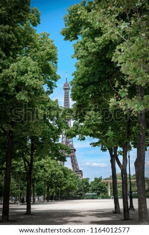 Eiffel tower an iconic Paris landmark seen from park between trees