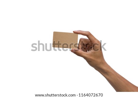 Close-up of a man hand holding brown empty card against white background include clipping path.