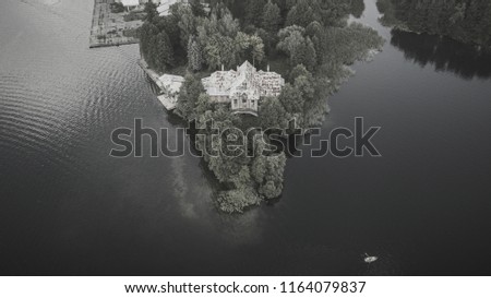 Monochrome drone photography of old abandoned house near a lake.