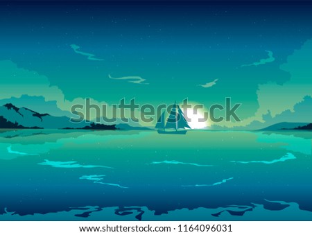 vector illustration of night ocean and  ship sailing in the mist