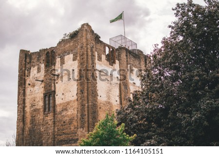 Historic Guildford castle with tree foreground Royalty-Free Stock Photo #1164105151