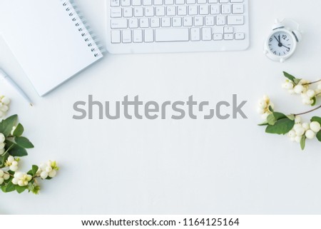 Flat lay desk and branch with green leaves on a white background