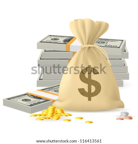 Raster version. Piles of money in the form of Cash and Gold coins, with Money sack