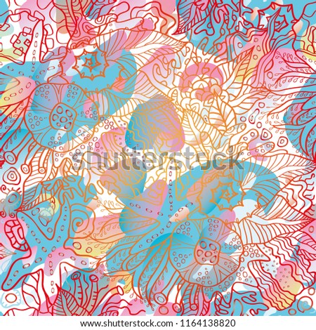 Pattern with sea ocean red ornament on white background and blue pink gradient splashes. Bright yellow and red contour ornament looks good with gentle spots background.