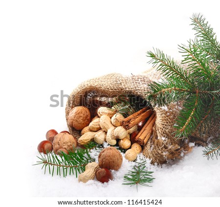 Fresh whole nuts and spices spilling out of a rustic hessian sack onto pristine fresh winter snow amidst decorative pine needles with copyspace for your seasonal greeting