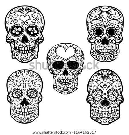Set of  sugar skull isolated on white background. Day of the dead. Design element for poster, card, banner, print. Vector illustration