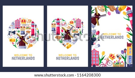 Welcome to Netherlands greeting souvenir cards, print or poster design template. Travel to Amsterdam vector flat illustration. Circle, heart shapes and frame background set.