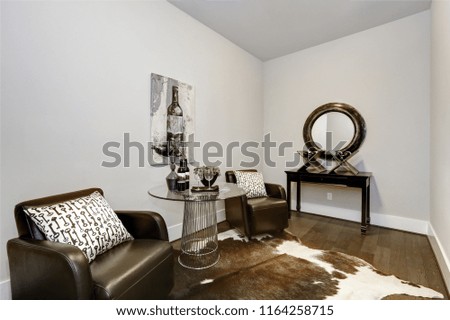 Wine modern testing room interior with lether armchairs and hardwood floor