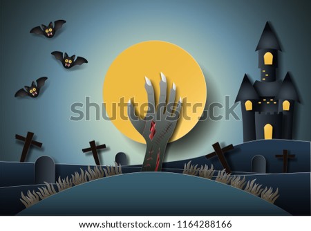 Paper art craft design,Halloween concept,zombie hand at Halloween night with 
Haunted Castle, cute bat and big moon.