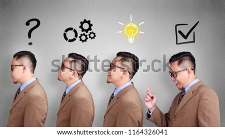 Business analyzing process concept. Young Asian businessman thinking and finding perfect solution to solve a problem, side view photo collage over grey background