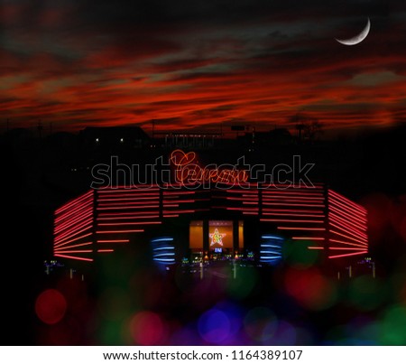 Cinema in Desert at Sunset, Photo Composite Image 